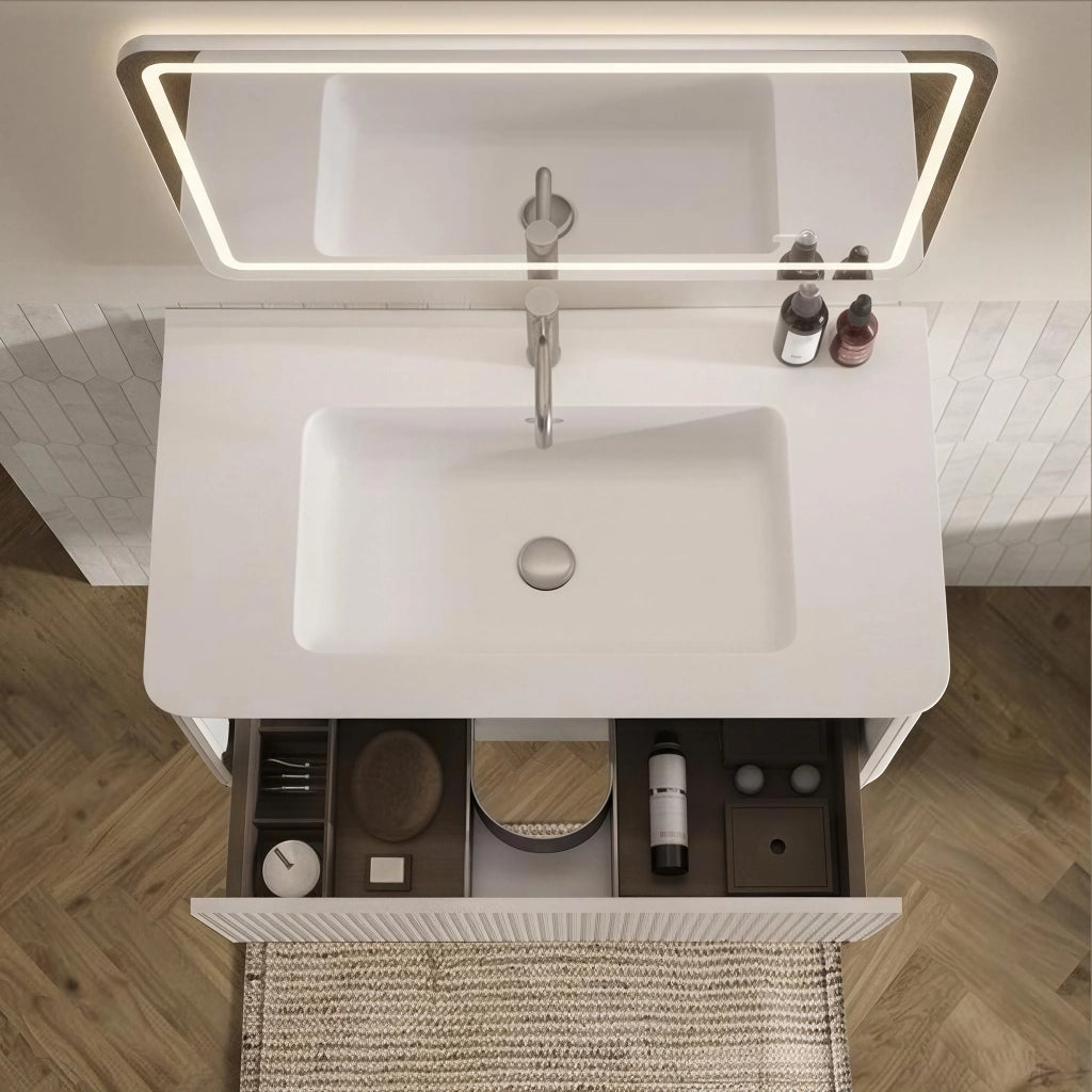 Set mobili da bagno con lavabo e specchio LED, mobile sospeso bianco in MDF