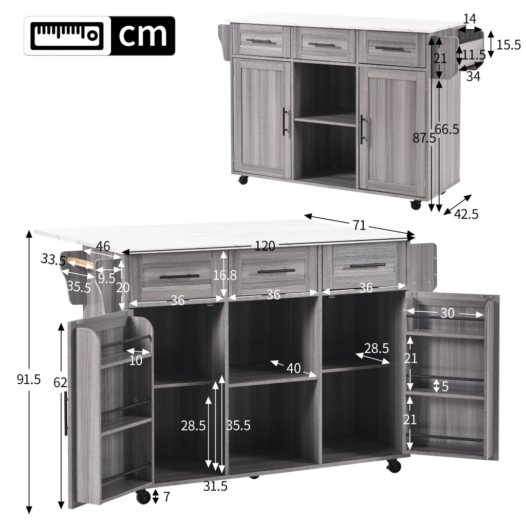 Carrello da cucina con piano ribaltabile 3 cassetti e 3 vani con ripiani regolabili per cucina in MDF grigio
