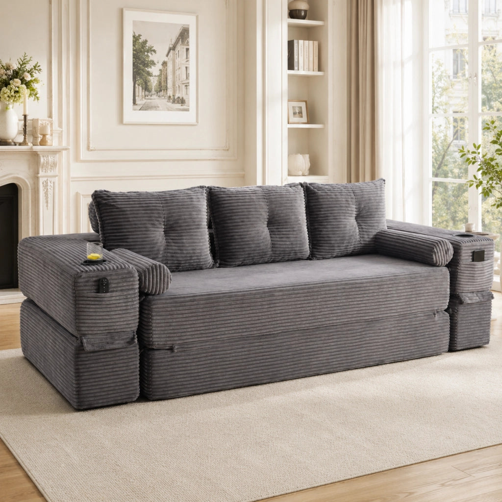 Divano Letto 3 Posti con Cuscini e Portabicchieri ¨C MINIMAL ¨C Tessuto a Coste