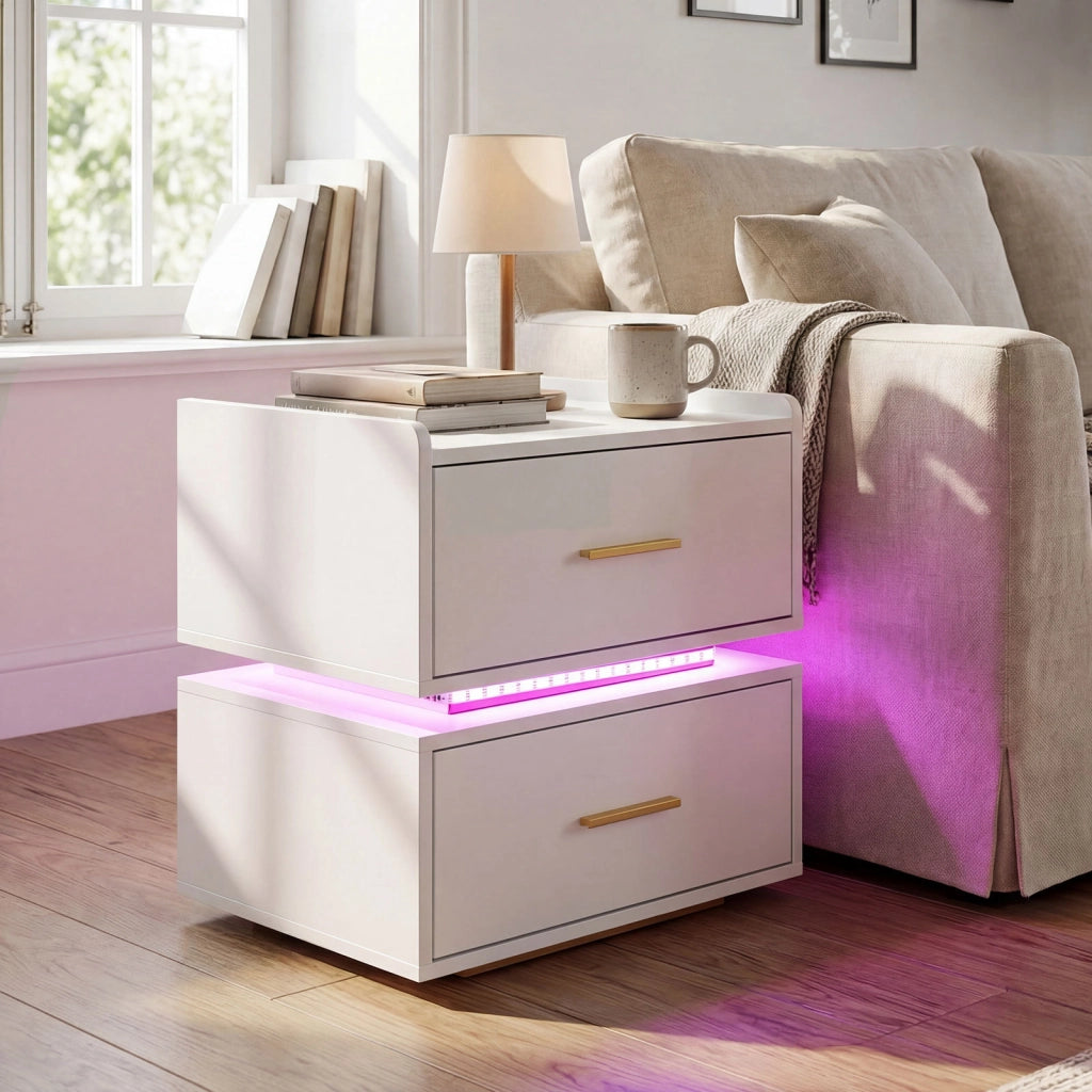 Comodino con stazione di ricarica e LED con 2 cassetti portaoggetti, Tavolino moderno semi-sospeso per soggiorno e camera da letto Bianco