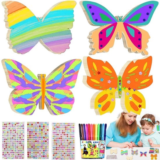 Set di decorazione Vlinder 40 pezzi - Vlinders in legno da decorare con pennello e glitterstickers - Decorazione da fare in casa per artigianato