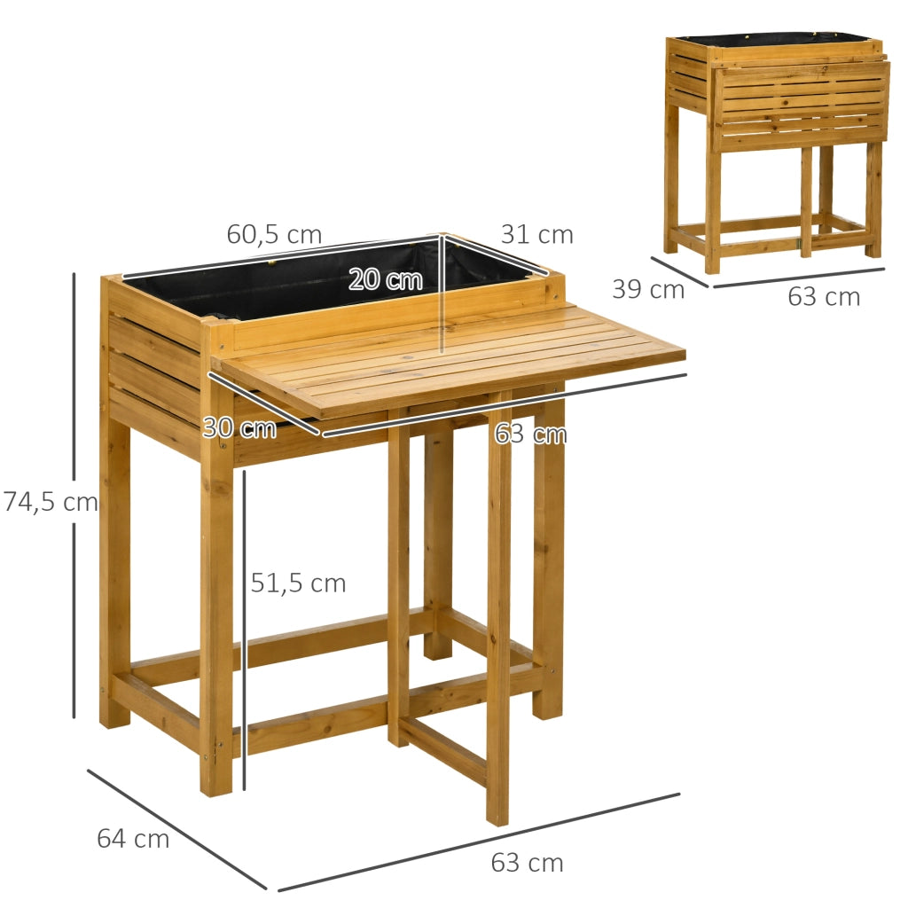 Aiuola rialzata con piano di lavoro pieghevole, in legno massello laccato, con rivestimento in pile, 64 cm x 63 cm x 74,5 cm