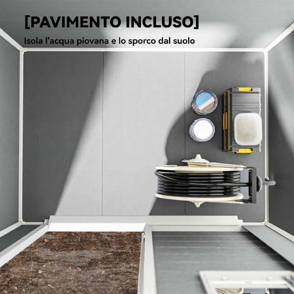 Capanno da Giardino 182x121x200 cm Box con Pavimento Finestra Porta con Serratura e Prese d'Aria in Plastica Grigio