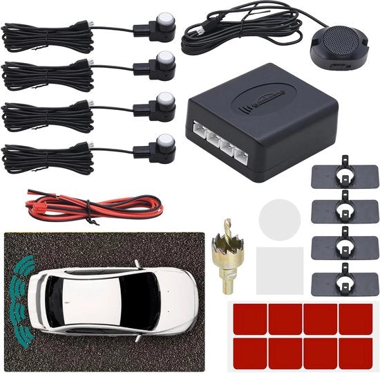 Aiuto al parcheggio all'indietro - 4 sensori universali per la coda - Sistema di parcheggio con allarme audio - Sensori di parcheggio bianchi