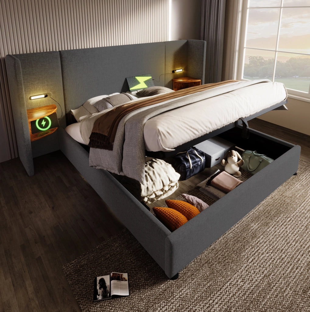 Letto matrimoniale 180x200 cm con contenitore; testiera con luce lettura USB e Type-C; grigio