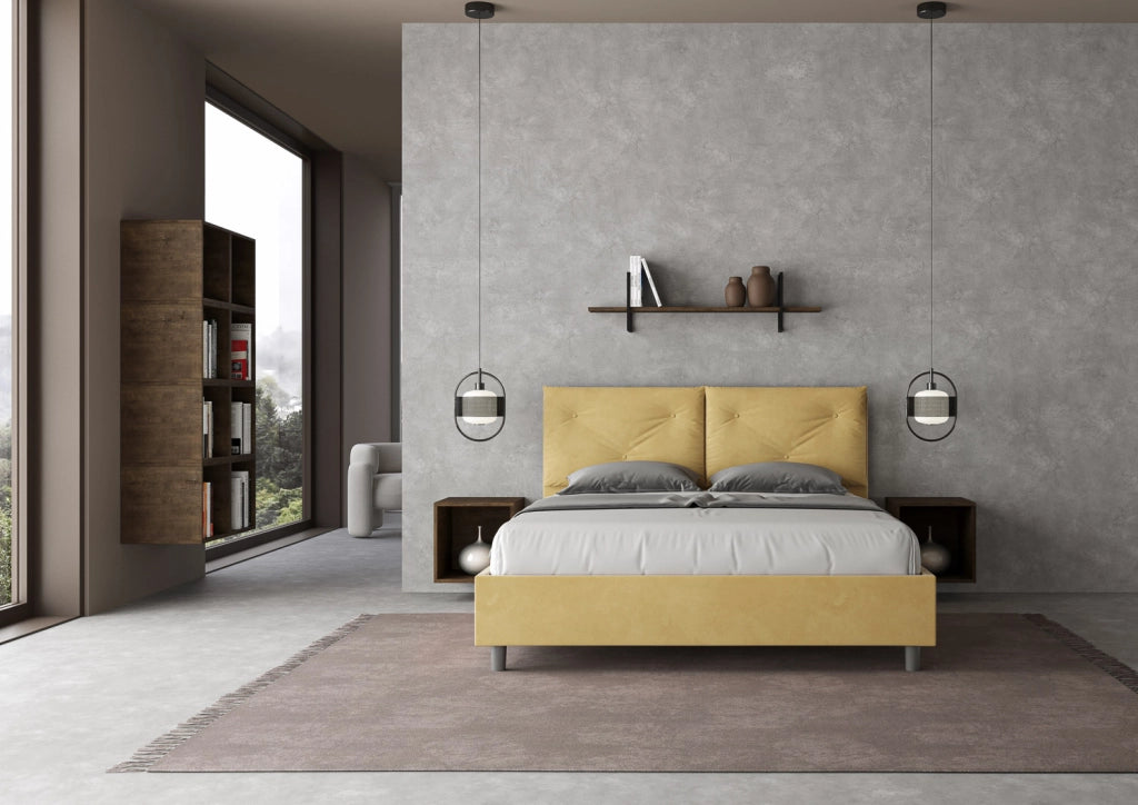 BS COM Letto matrimoniale con rete imbottito 160x200 microfibra ocra