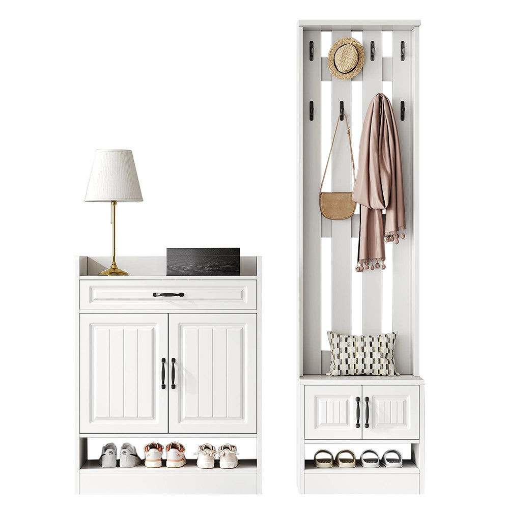 Set ingresso completo - Xylo - con armadio, panchina e appendiabiti, 8 ganci, 4 ante, 1 cassetto, 125x36x190 cm