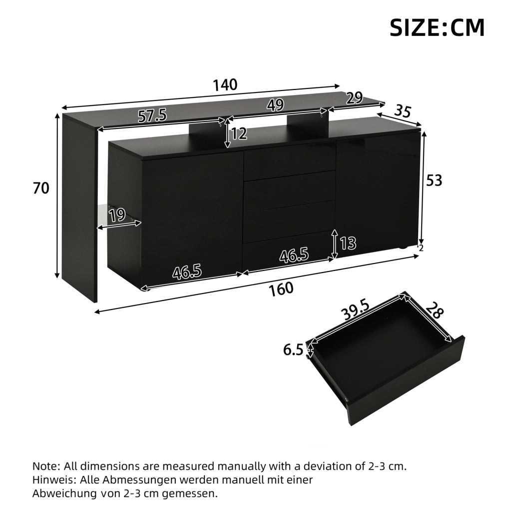 Sideboard moderno 160 cm con LED; USB; 4 cassetti e ante lucide; nero