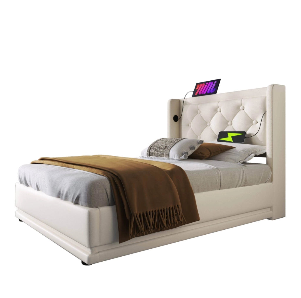 Letto singolo imbottito 90x200 cm in PU bianco con contenitore; LED e USB Type-C