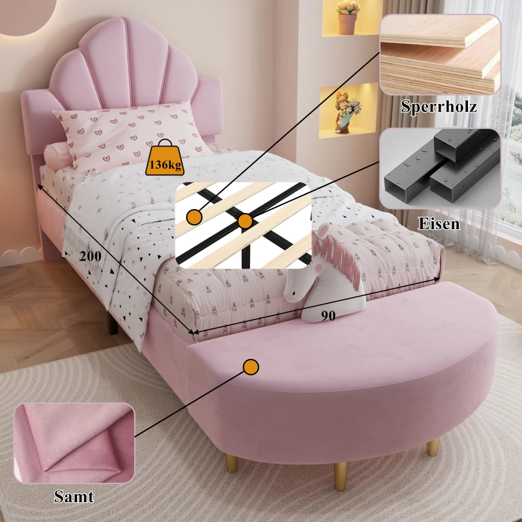 DESMIU Letto singolo 90 × 200 cm con panca coordinata, testiera in velluto, senza materasso, rosa