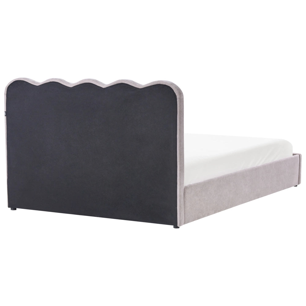 Letto in tessuto di ciniglia imbottito color tortora 160 x 200 cm contenitore elevabile con testiera e rete a doghe