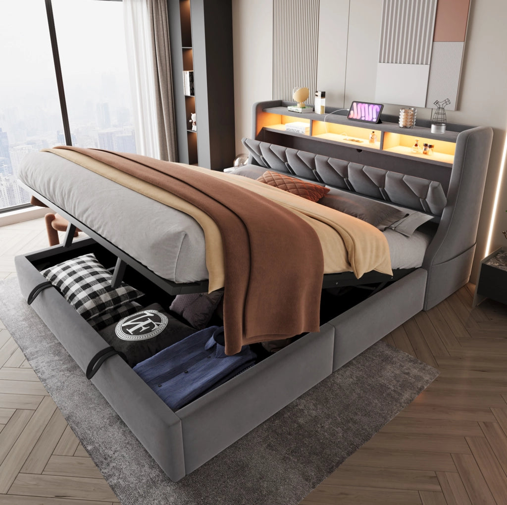 Letto contenitore imbottito 180x200 cm con LED, prese integrate e testiera con vano