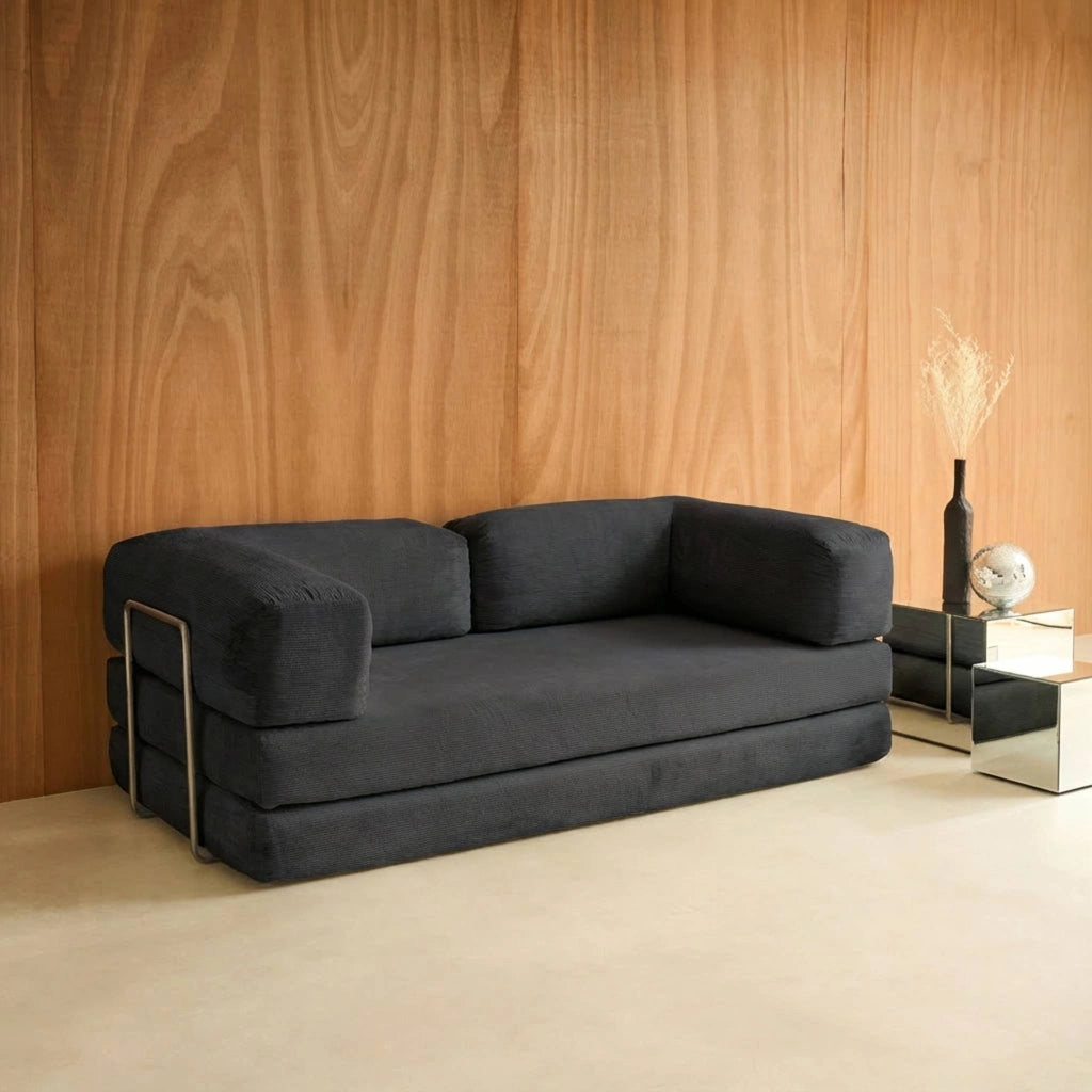 Divano letto futon in velluto a coste e struttura cromata, antracite