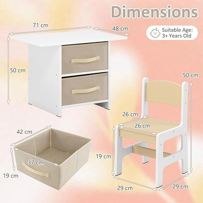 Set Tavolo e 2 Sedie per bambini, Set di Scrivania per Bambini con Ceste Portaoggetti Rimovibili, Mobili Salvaspazio in Legno per cameretta per 3+ Anni (Beige)