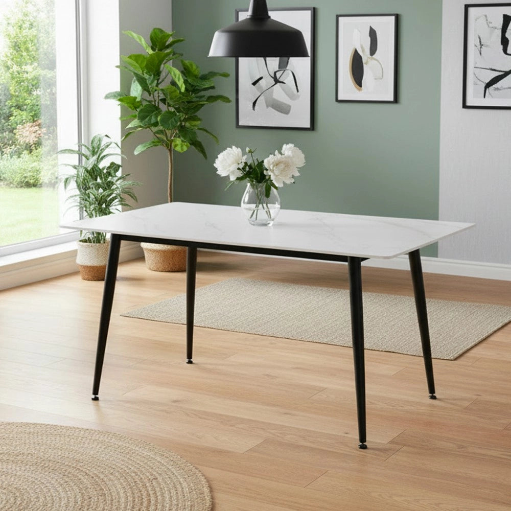 Tavolo da Pranzo Kilo 160×90 cm in Ceramica Effetto Marmo Bianco opaco e Gambe Nere