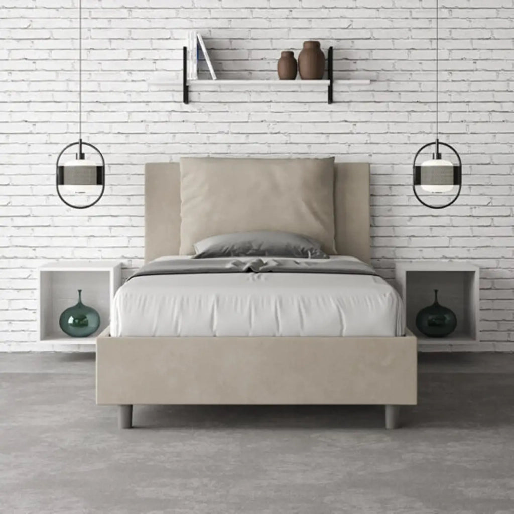 Letto una piazza e mezza contenitore imbottito 120x210 microfibra sabbia Antea