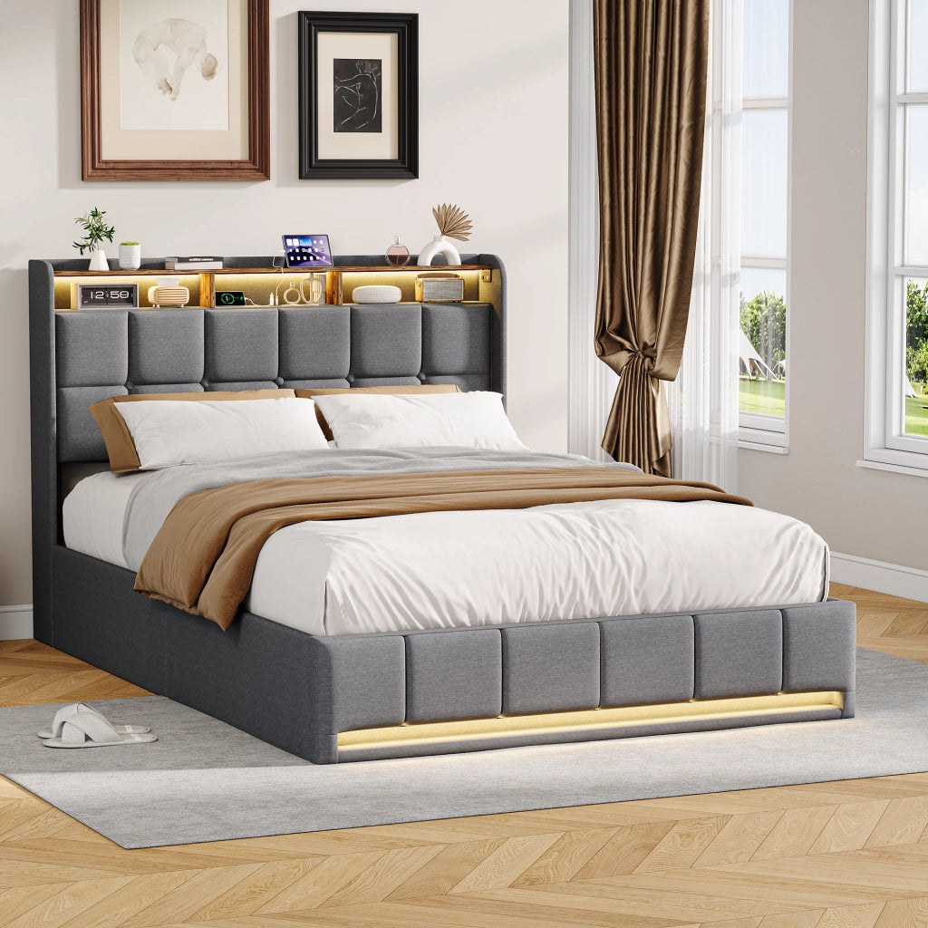 Letto una piazza e mezza 140x200 cm con contenitore LED USB testiera con mensola rete a doghe in lino - grigio