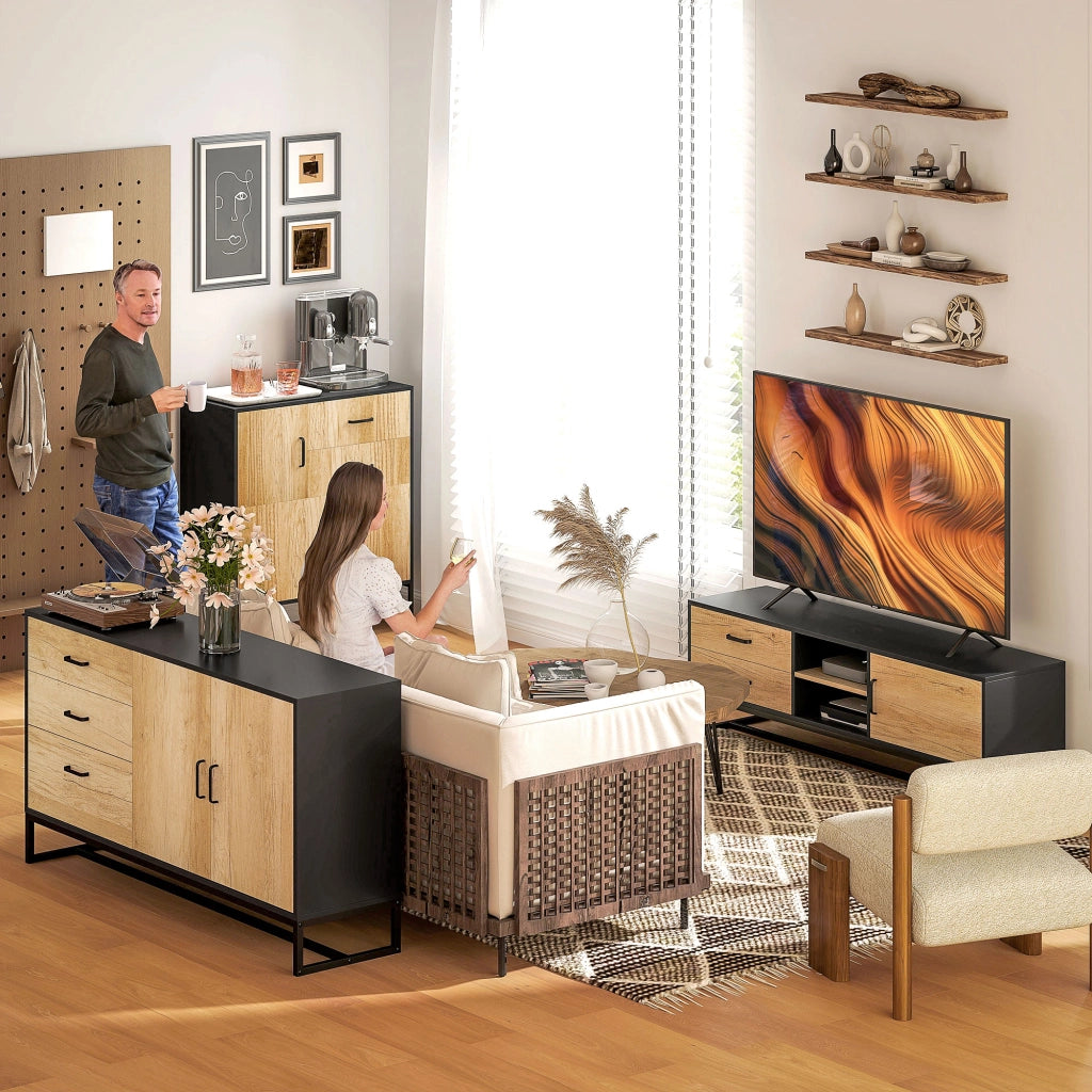 Mobile Credenza Portaoggetti ¨C Xylo ¨C Nero e Legno 80x35x85cm con 3 Ante e 2 Cassetti