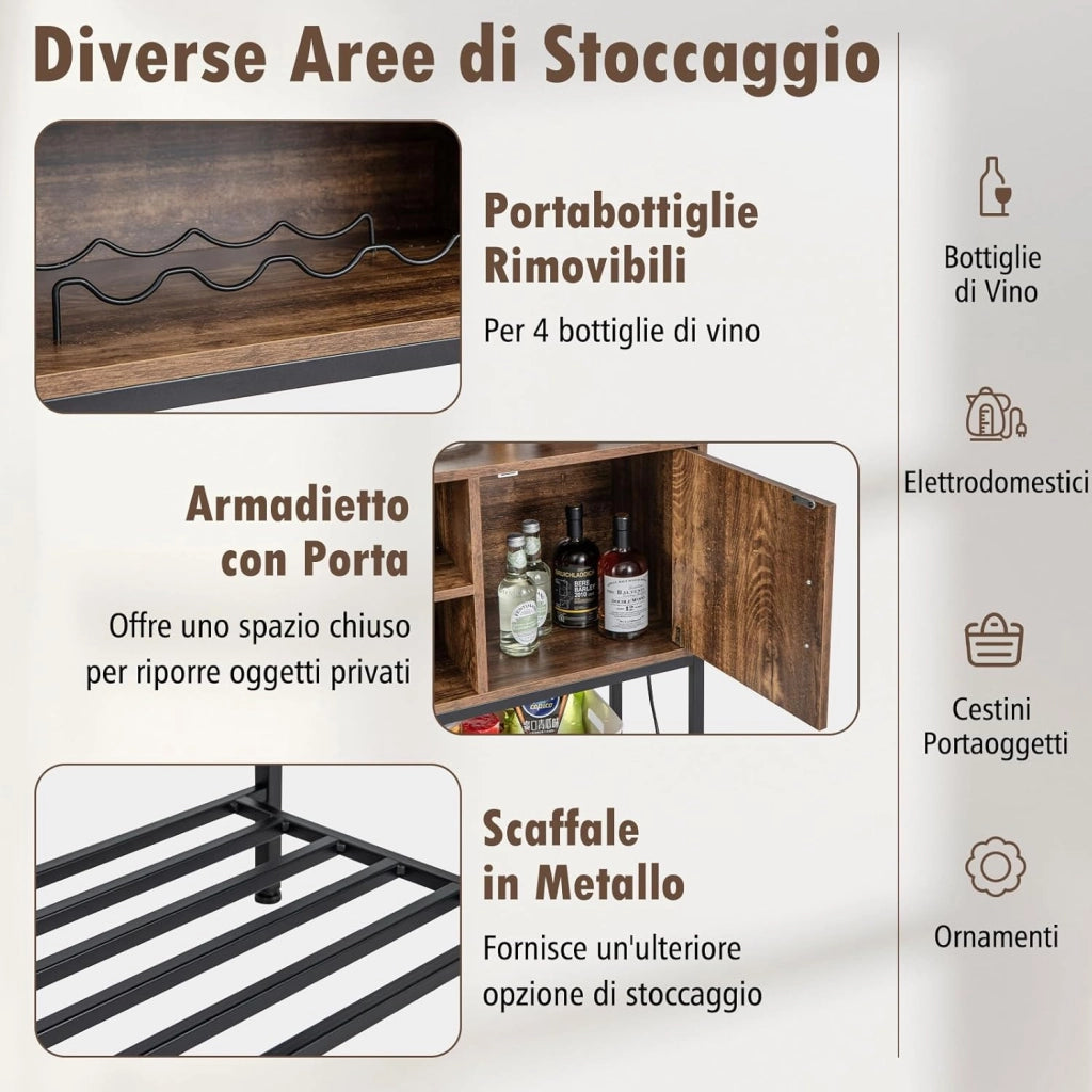 Credenza Buffet da Cucina, Mobile da Cucina con Prese Elettriche e Porte USB, con Portabottiglie e Mensole, per Sala da Pranzo, Soggiorno e Ingresso, 100 x 35 x 83 cm (Marrone)