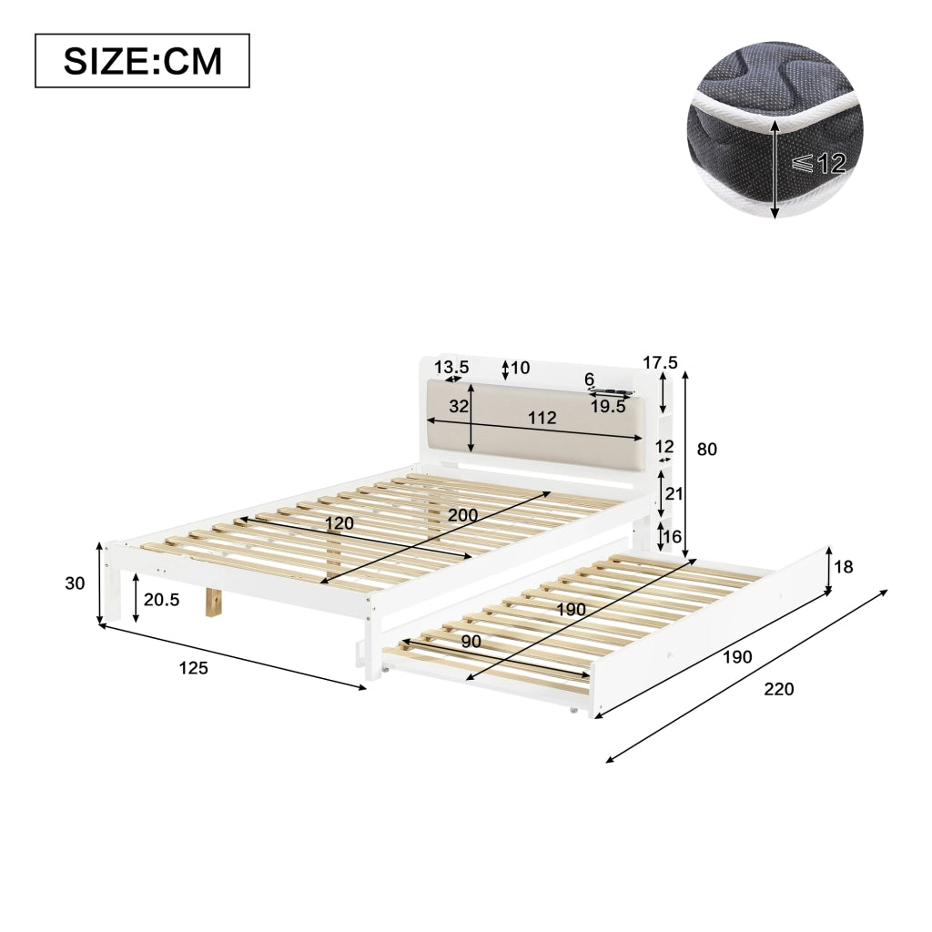 Letto funzionale 120x200 cm bianco con letto estraibile 90x190 cm, testiera imbottita e stazione di ricarica