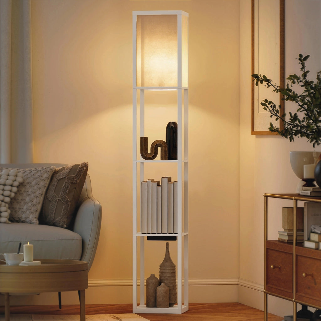 Lampada da Terra 26x26x160 cm Struttura con Ripiani Luce Regolabile Interruttore a Pedale e Porte USB in MDF Bianco