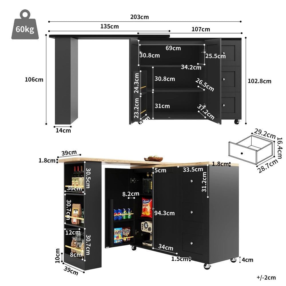 Tavolino Multifunzione Girevole con Cassetti e Ruote ¨C Xylo ¨C Nero, 39x106 cm