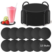 Onderzetters in Silicone con Supporto - 12 Pezzi - Onderzetters per Vetro - Onderzetters Design con Supporto - Onderzettersset - Onderlegger Ronde Design - Anti Scivolamento - Resistente al Calore - Prevenzione di Allagamento - Coasters - Nero - Regalo