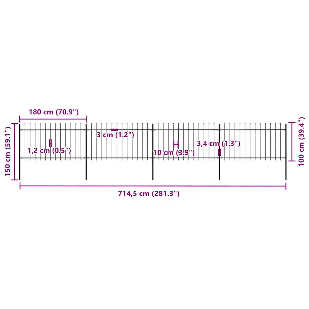 Recinzione da Giardino | Recinzione da cortile con Punta a Lancia in Acciaio 714,5x100 cm Nero