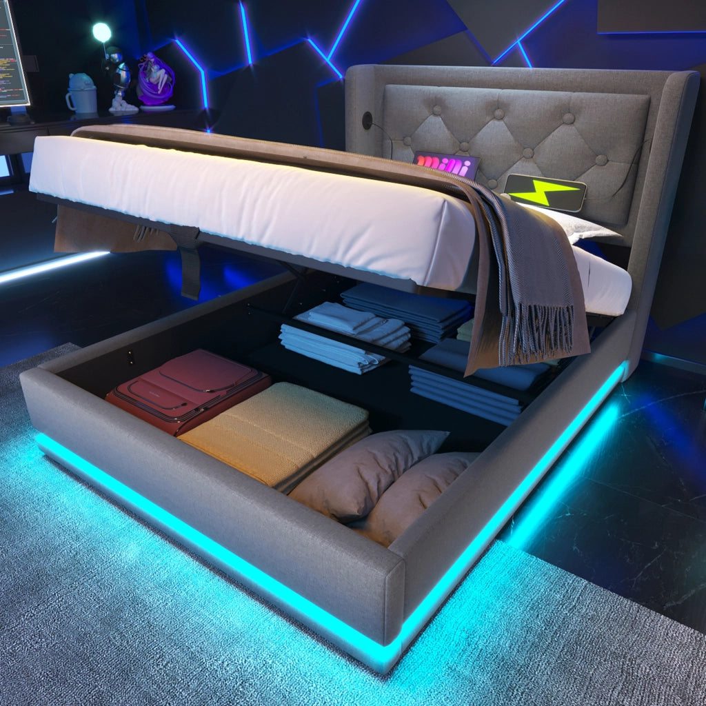 LETTO Contenitore Idraulico 90x200 cm Cotone Grigio con USB e LED