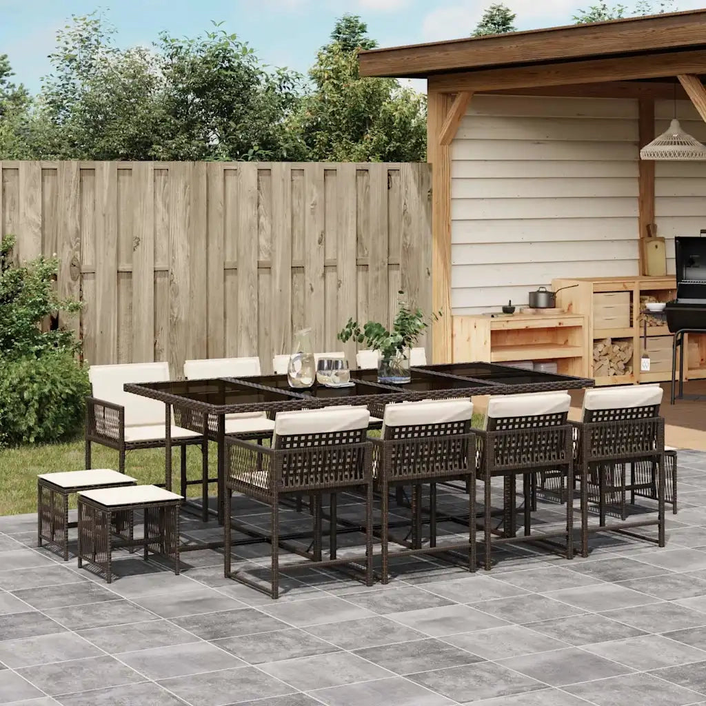 Set da Pranzo da Giardino 13pz con Cuscini Marrone Polyrattan