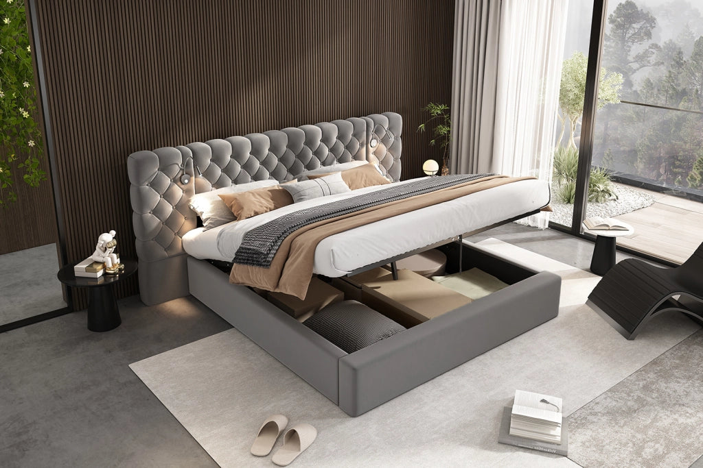 DESMIU Letto con contenitore 180 × 200 cm 2 posti con luce da lettura, vano idraulico e senza materasso, in velluto grigio