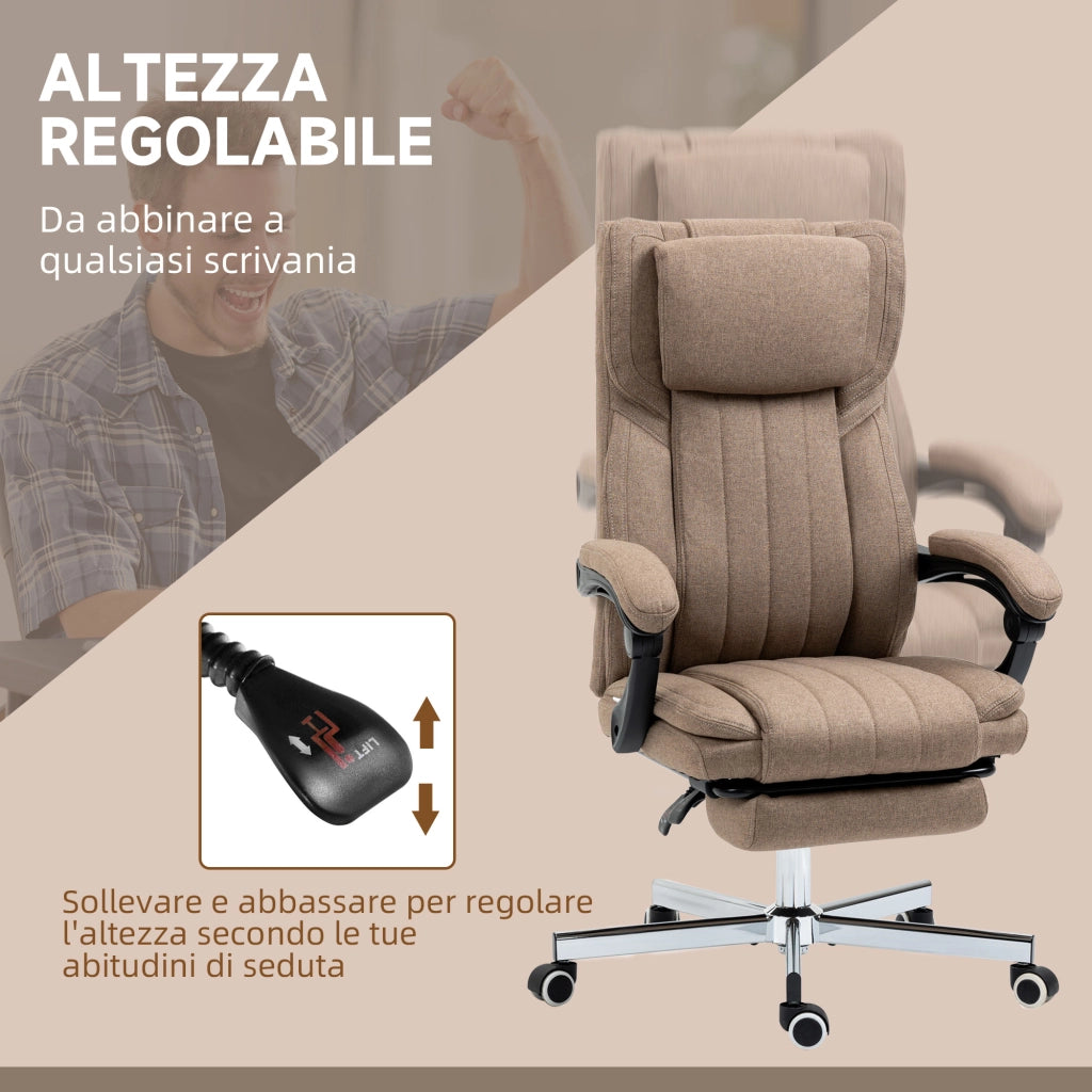 Sedia da Ufficio con Poggiapiedi ¨C Minimal ¨C Marrone, Tessuto Effetto Lino, 65x61x108-118 cm