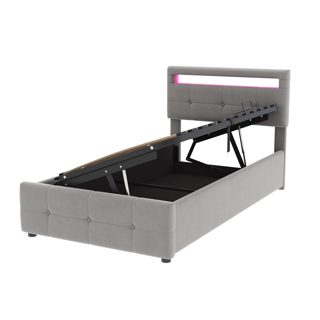 DESMIU Letto contenitore 90 × 200 cm 1 posto con LED, vano idraulico, testiera regolabile, senza materasso, in velluto, grigio