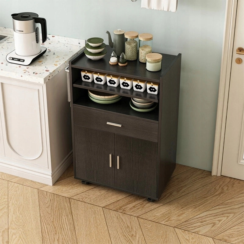 Mobile da cucina su ruote, carrello moderno, tavolo-scaffale su ruote, stile loft, nero