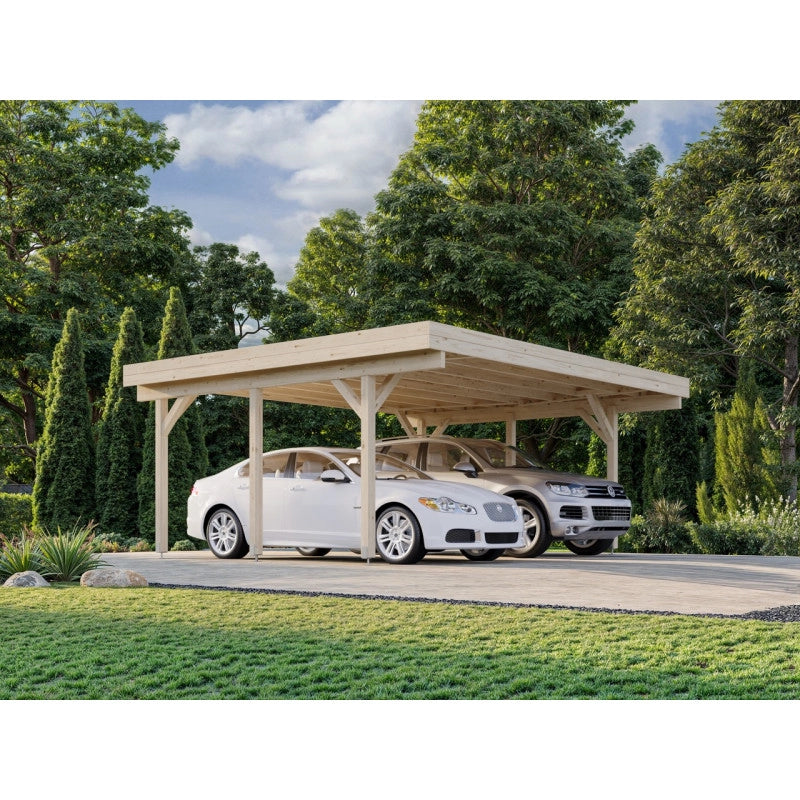 Carport doppio in legno lamellare 20,6 m² con tetto in perline 19 mm, struttura per 2 auto da esterno 600x512 cm - Esterni da Vivere