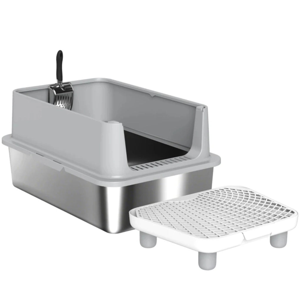 Lettiera per gatti XL in acciaio inox con pareti laterali alte, scaletta, tappetino filtrante e paletta.