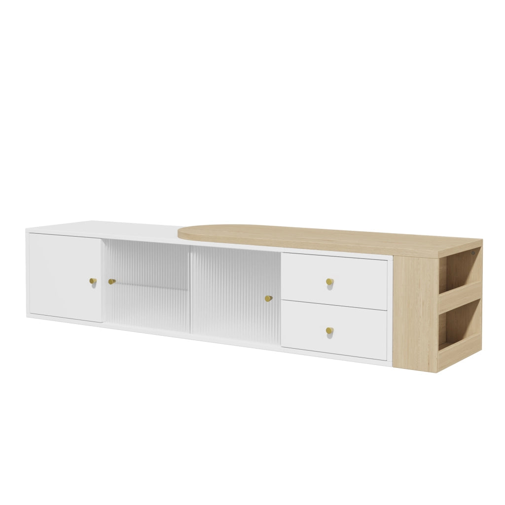 Mobile TV Estensibile 175x40x38 cm Bianco Legno con LED RGB, 2 Cassetti e Ante in Vetro Scorrevoli