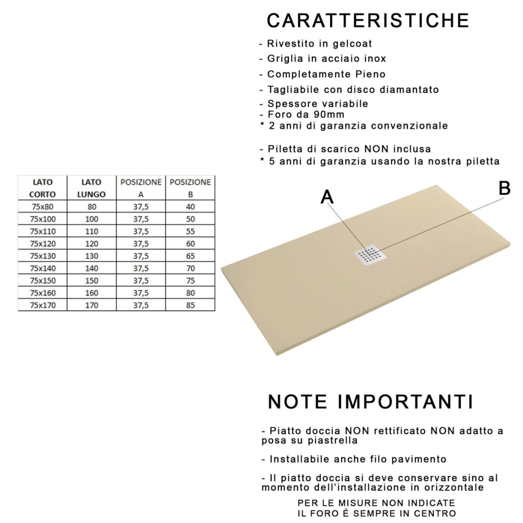 Piatto doccia in marmo resina effetto pietra con foro centrale bianco chic, misura 75x170