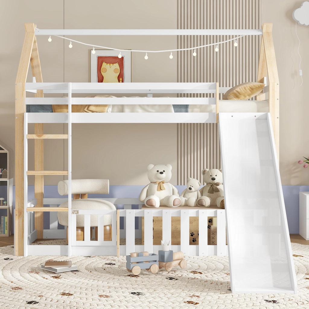 Letto a castello bambino 90×200 cm con scivolo; tetto e spazio libero; senza materasso; bianco naturale