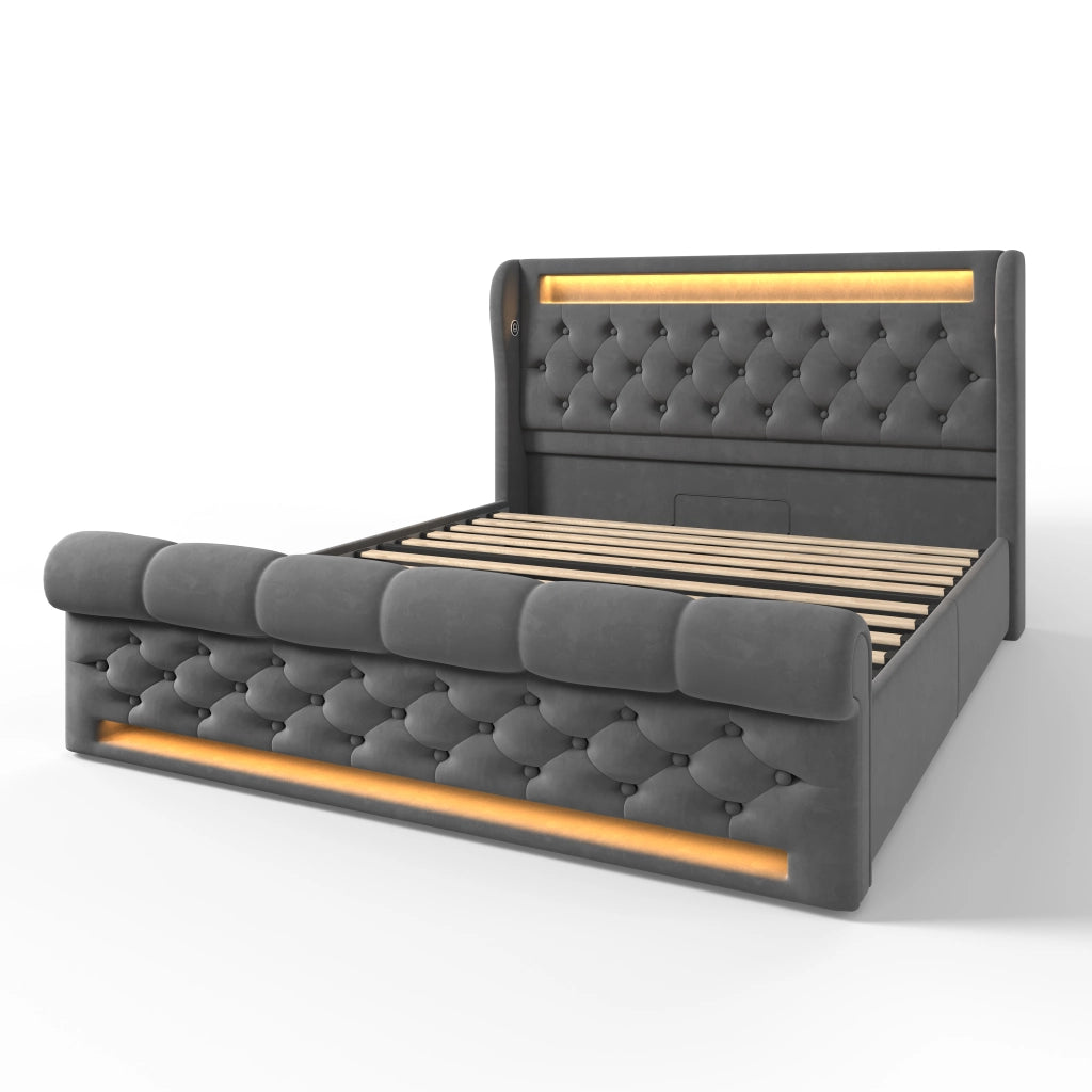 Letto imbottito con LED e porta USB Type-C, contenitore idraulico, 140x190 cm, grigio