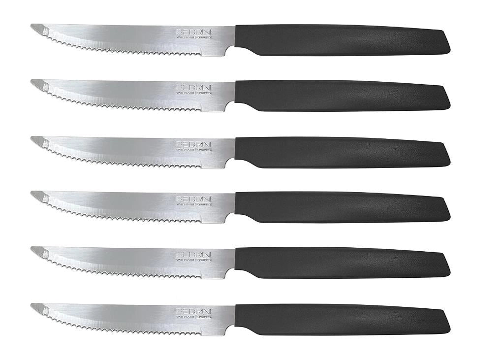 Set 6 Coltelli da Bistecca Carne Active Lama Seghettata Neri Pedrini