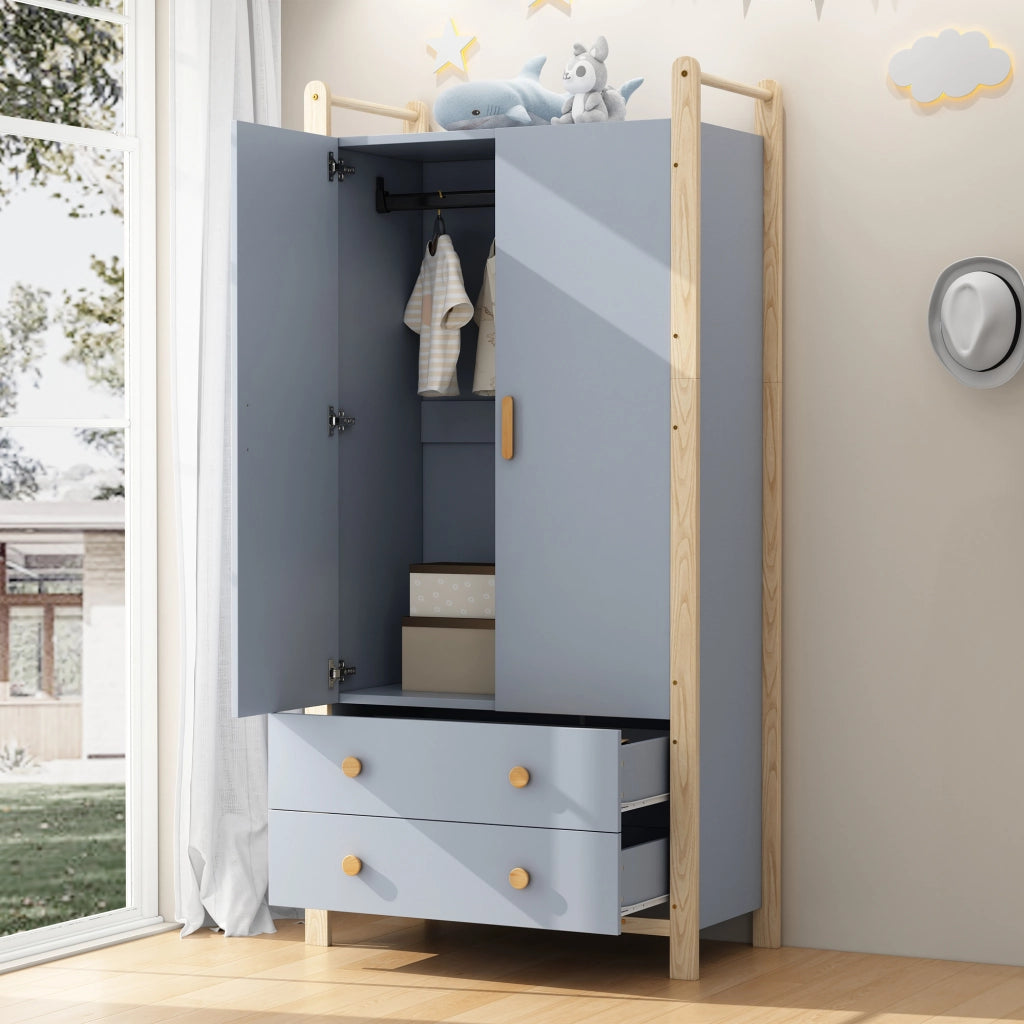 Armadio con 2 ante, 2 cassetti e appendiabiti, con libreria a 3 ripiani, in legno e MDF, per camera e ingresso