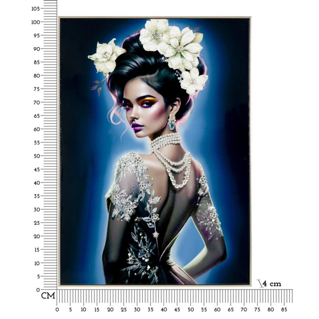 Dipinto su tela Isabel B dama con perle e fiori bianchi, 72x102 cm
