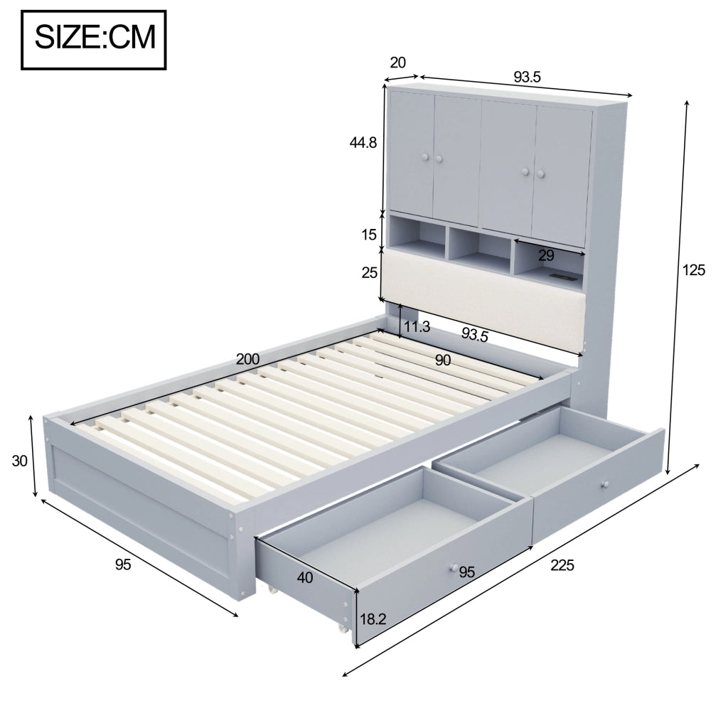 Letto singolo per bambini 90x200 cm con testiera imbottita; vani; LED; presa elettrica; cassetto e rete; legno grigio