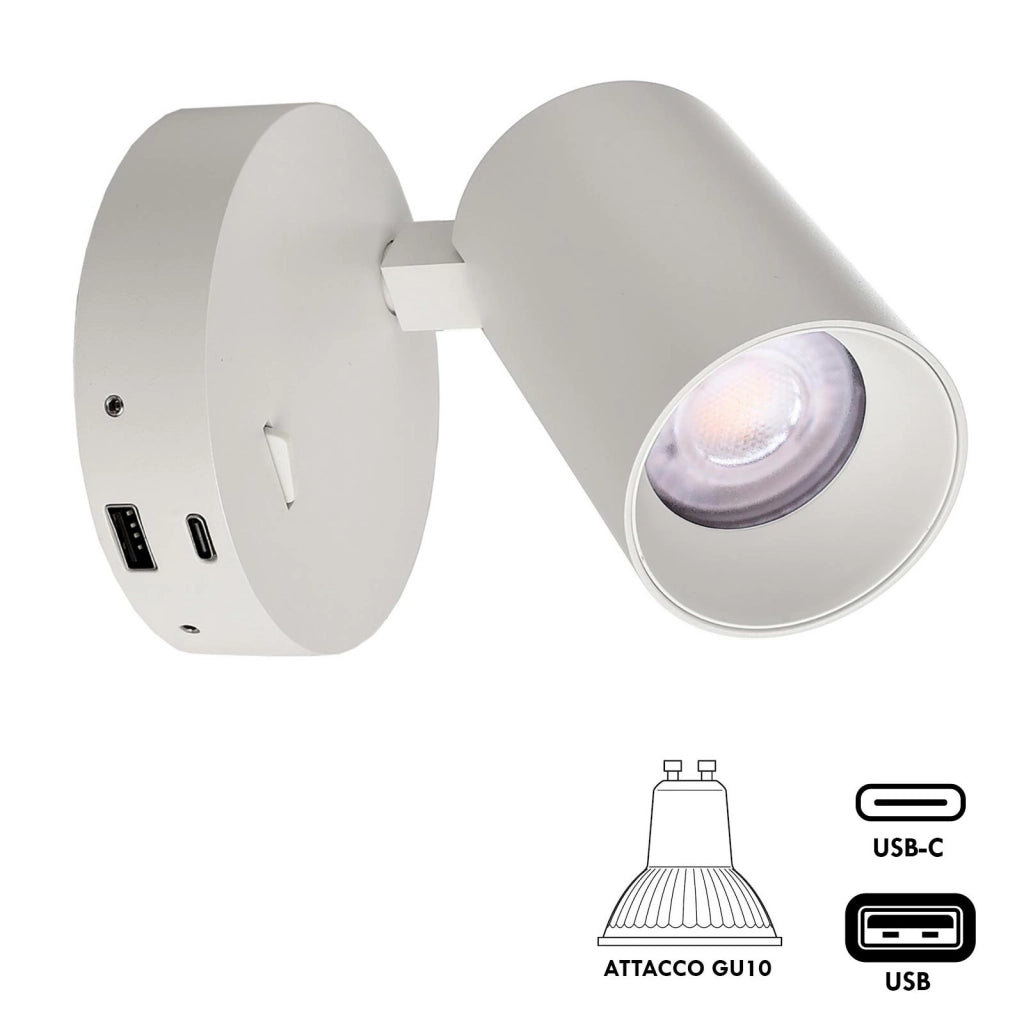Applique lampada lettura comodino GU10 orientabile USB ricarica smartphone ON/OFF luce camera letto soggiorno BIANCO