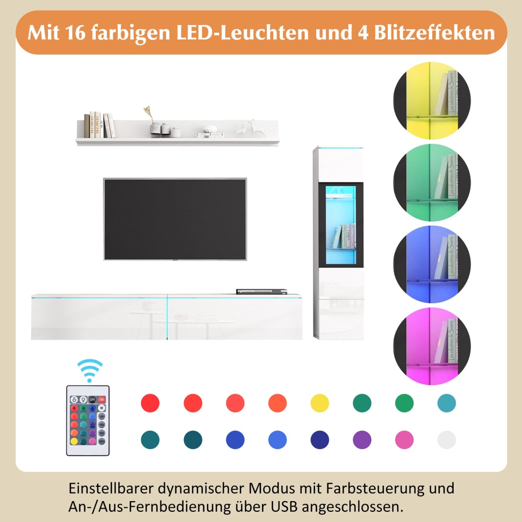PARETE ATTREZZATA Set da 3 pezzi con LED 180 cm Bianco lucido