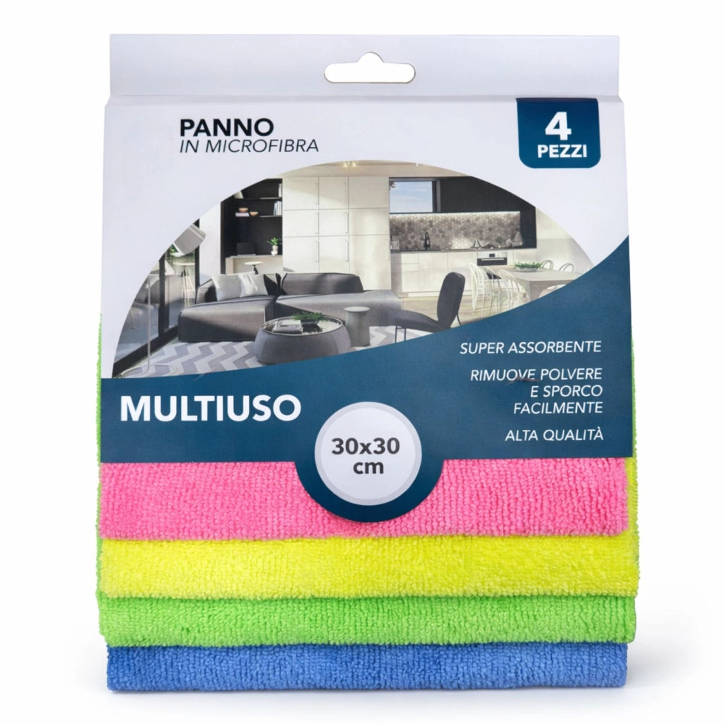 Panni in Microfibra Multiuso Set 4 Pezzi 30x30 cm Super Assorbenti Casa Cucina