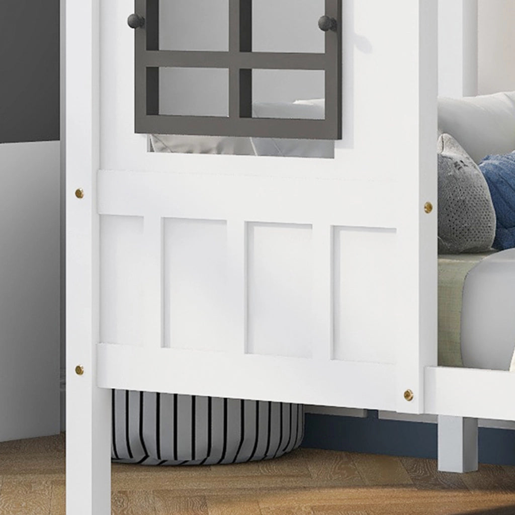 Letto Casetta 200x90 cm; Letto Singolo - 2 Finestre e Sponde - in Legno Massello - Bianco