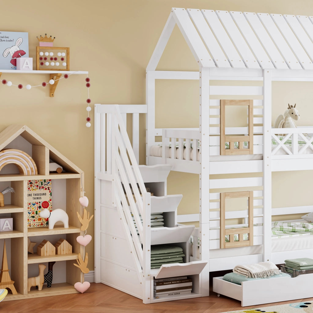 OKWISH Letto a Castello 90×200 cm, Letto Singolo con Finestre, 2 Cassetti, Scala con 4 Vani e Spondine, senza Materasso