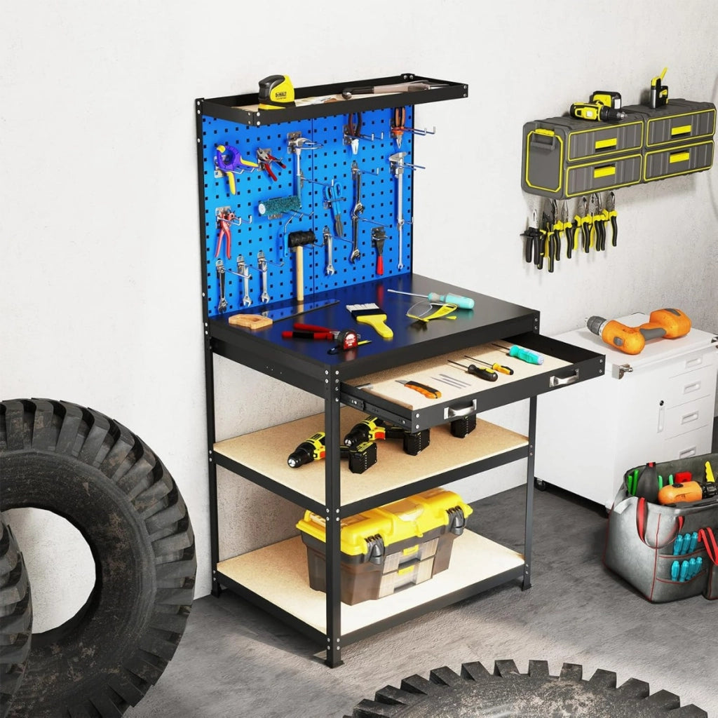 Banco da lavoro con 2 pegboard e cassetto e mensole, Stazione di lavoro in metallo per casa e garage e officina Blu Navy